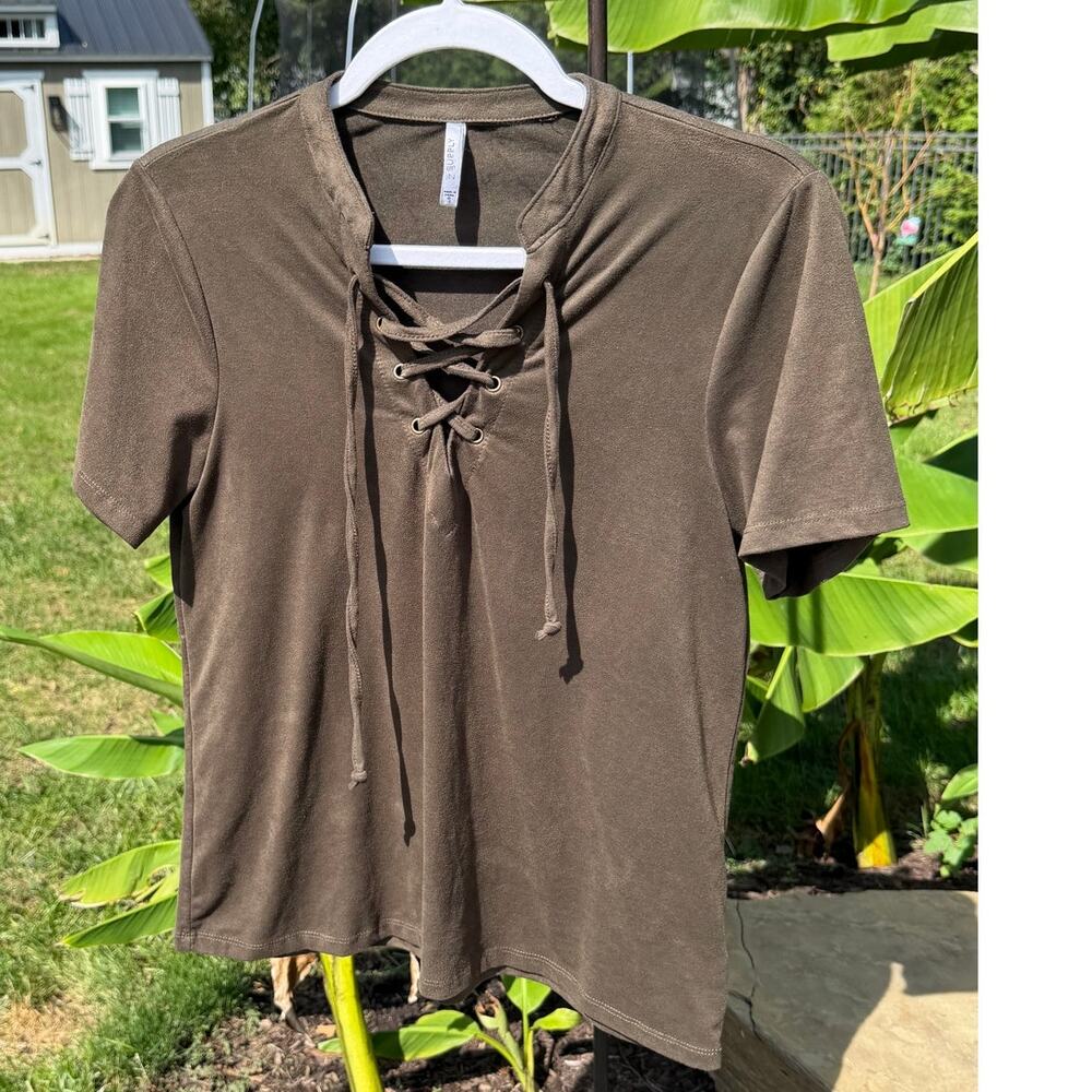 Z Supply Olive Green Lace-Up Short Sleeve Tee / Knit Top Size Small